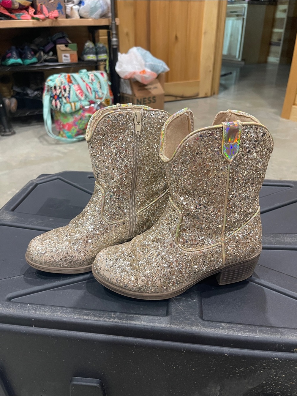 Self Esteem Gold Glitter Cowgirl Boots with Holographic Pull Tabs